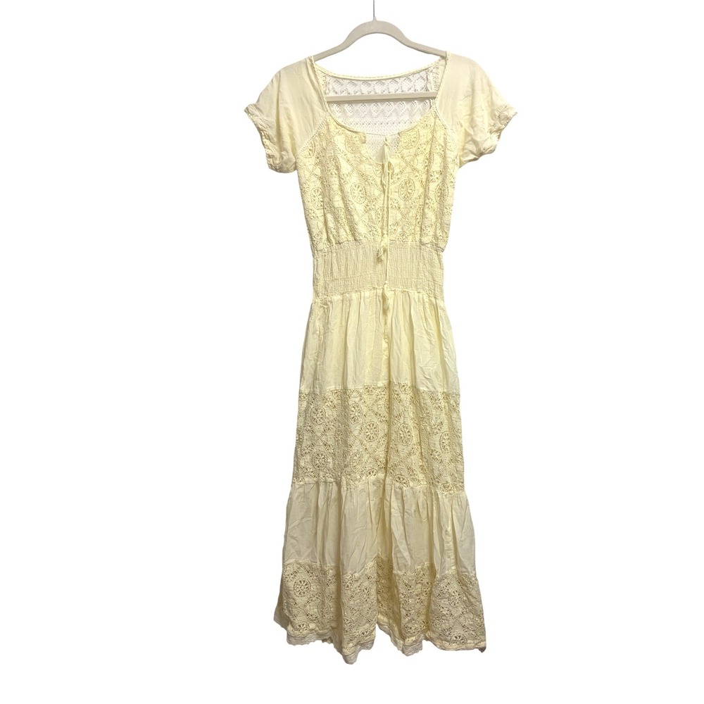 Unbranded Crochet Lace Boho Yellow Maxi Dress Smocked Tiered Prairie Small